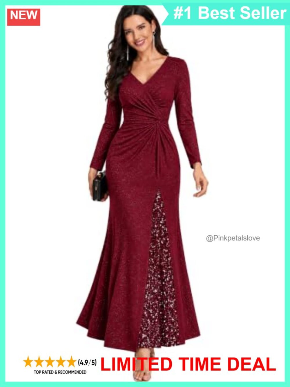 Knit Bodycon Maxi Dress Long Sleeve V-Neck Sequin Formal Evening